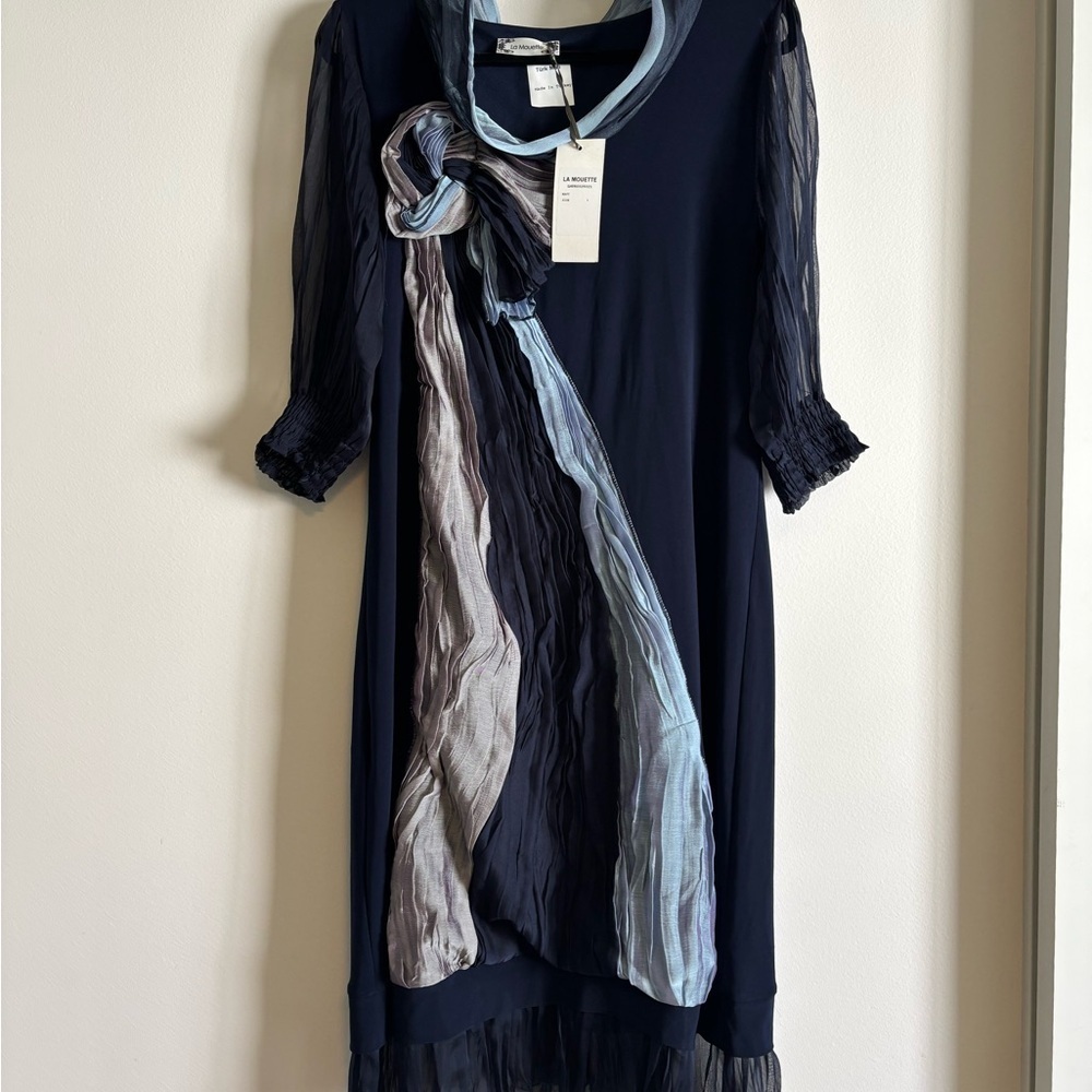 La Mouette Black and Blue Sheath Dress with Cuffed 3/4 Sleeves